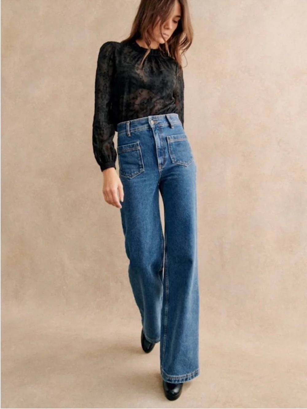 SEZANE Black Sheer Floral Embroidered Ruffle High Neck Valentine Blouse Top - Picture 11 of 14